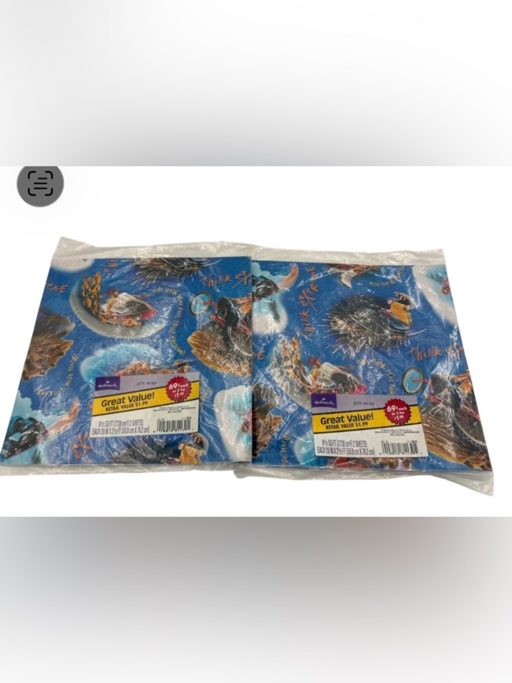 Lot 2 Vintage Hallmark Gift Wrap THINK EXTREME Sports Wrapping Paper Skateboard,